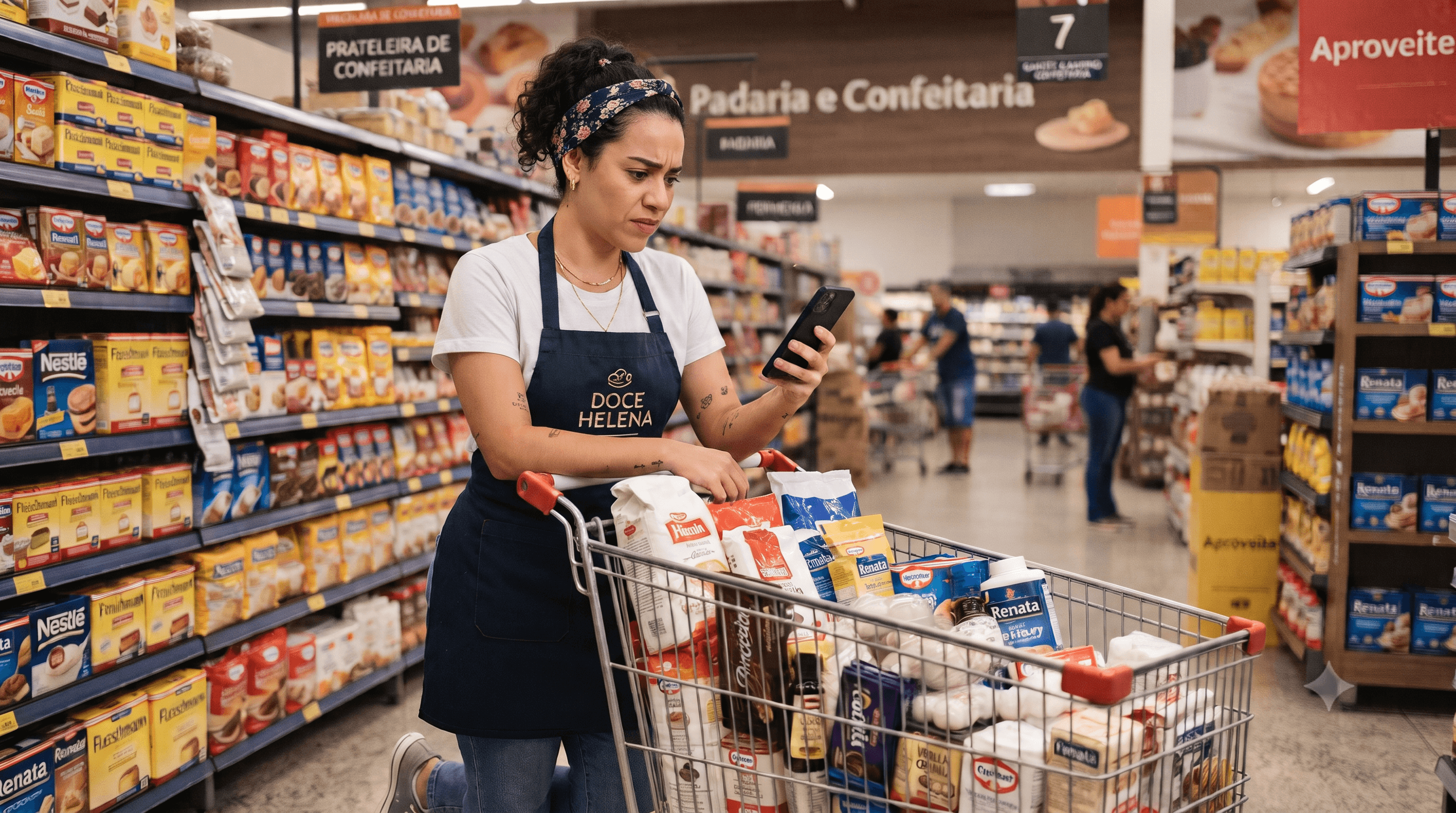Confeiteira no supermercado, carrinho cheio de ingredientes, olhando o celular preocupada